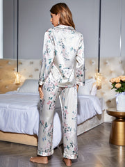 Floral Print Pajama Set Long Sleeve Buttons Top & Elastic Waistband Pants