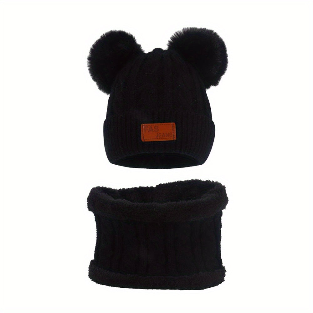 Toddler Winter Pompom Knit Cap Mittens Neck Warmer Set