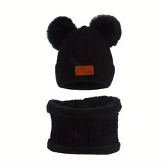 Toddler Winter Pompom Knit Cap Mittens Neck Warmer Set