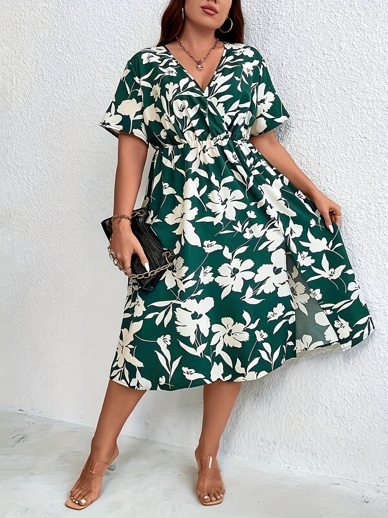  Floral Print Boho Dress with Thigh Split