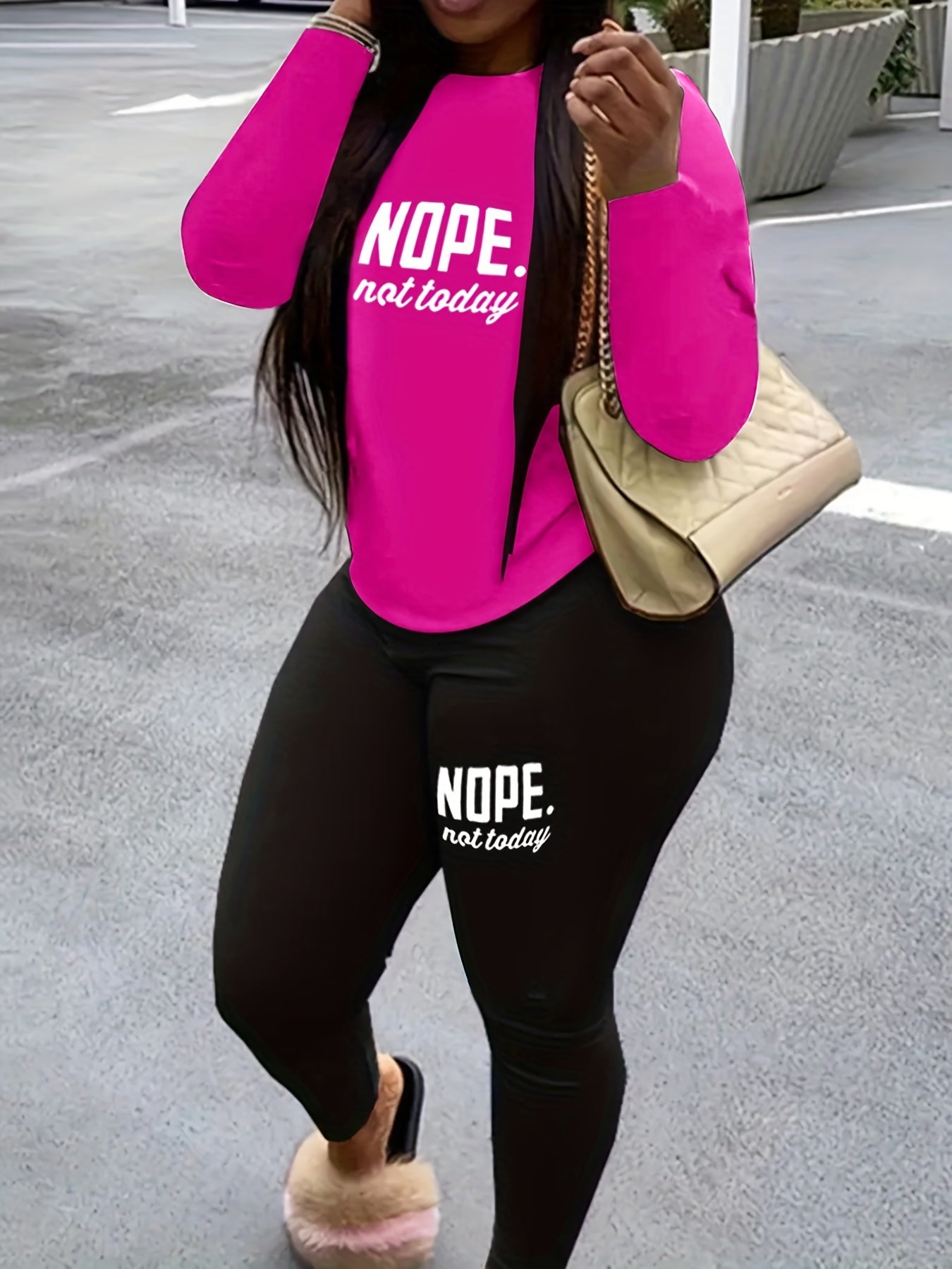  Slogan Print Long Sleeve Top & Leggings Set