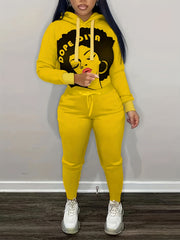  Cartoon Print Hoodie & Pants Set