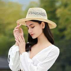 Boho Western Crochet Cowboy Hat Hollow Straw Fedora Cap