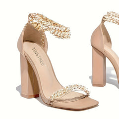 Women's Rhinestone Chain High Heels Ankle Strap Block Sandals