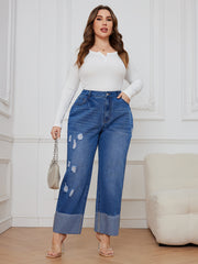  Ripped Button Fly High Rise Straight Leg Jeans