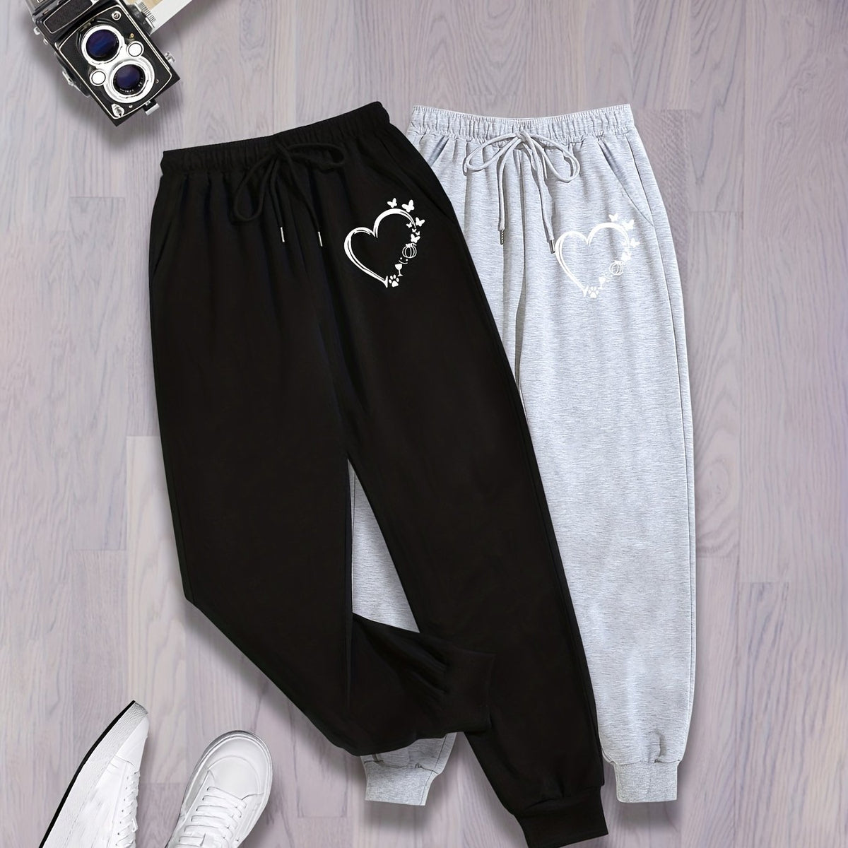 2 Pack Plus Size Casual Sports Pants Women's Plus Butterfly & Heart Print