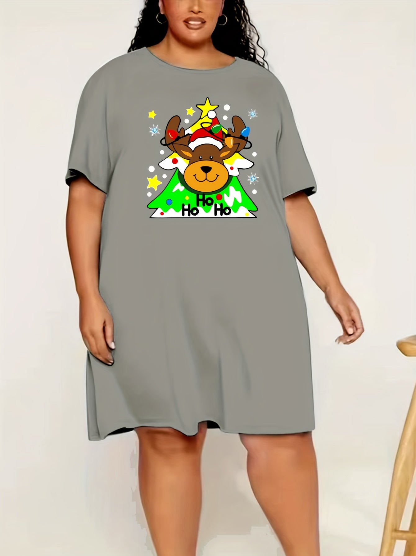  Christmas Lounge Dress Cartoon Deer Print Short Sleeve Nightdress