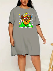  Christmas Lounge Dress Cartoon Deer Print Short Sleeve Nightdress