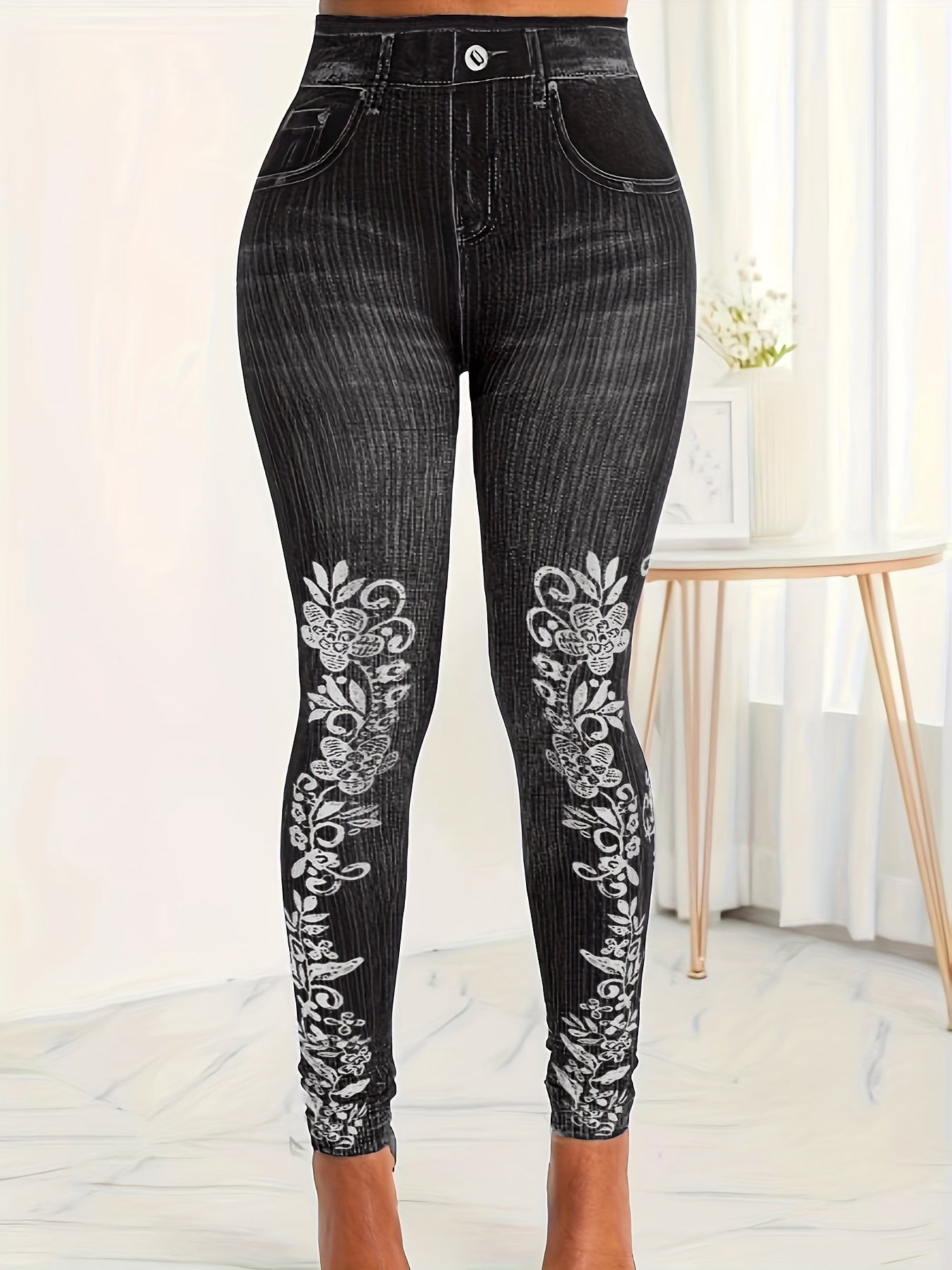  Floral Denim Print Leggings High Rise Medium Stretch