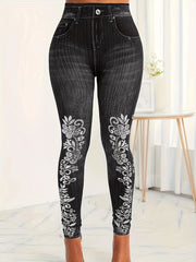  Floral Denim Print Leggings High Rise Medium Stretch