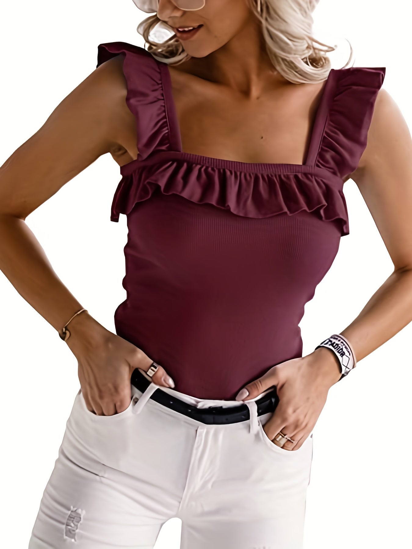 Ruffle Trim Tank Tops Square Neck Sleeveless Cami Top