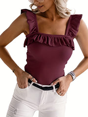 Ruffle Trim Tank Tops Square Neck Sleeveless Cami Top