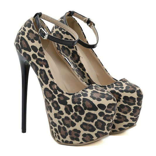 Leopard Print Stiletto Heels Buckle Strap Platform Pumps High Heels
