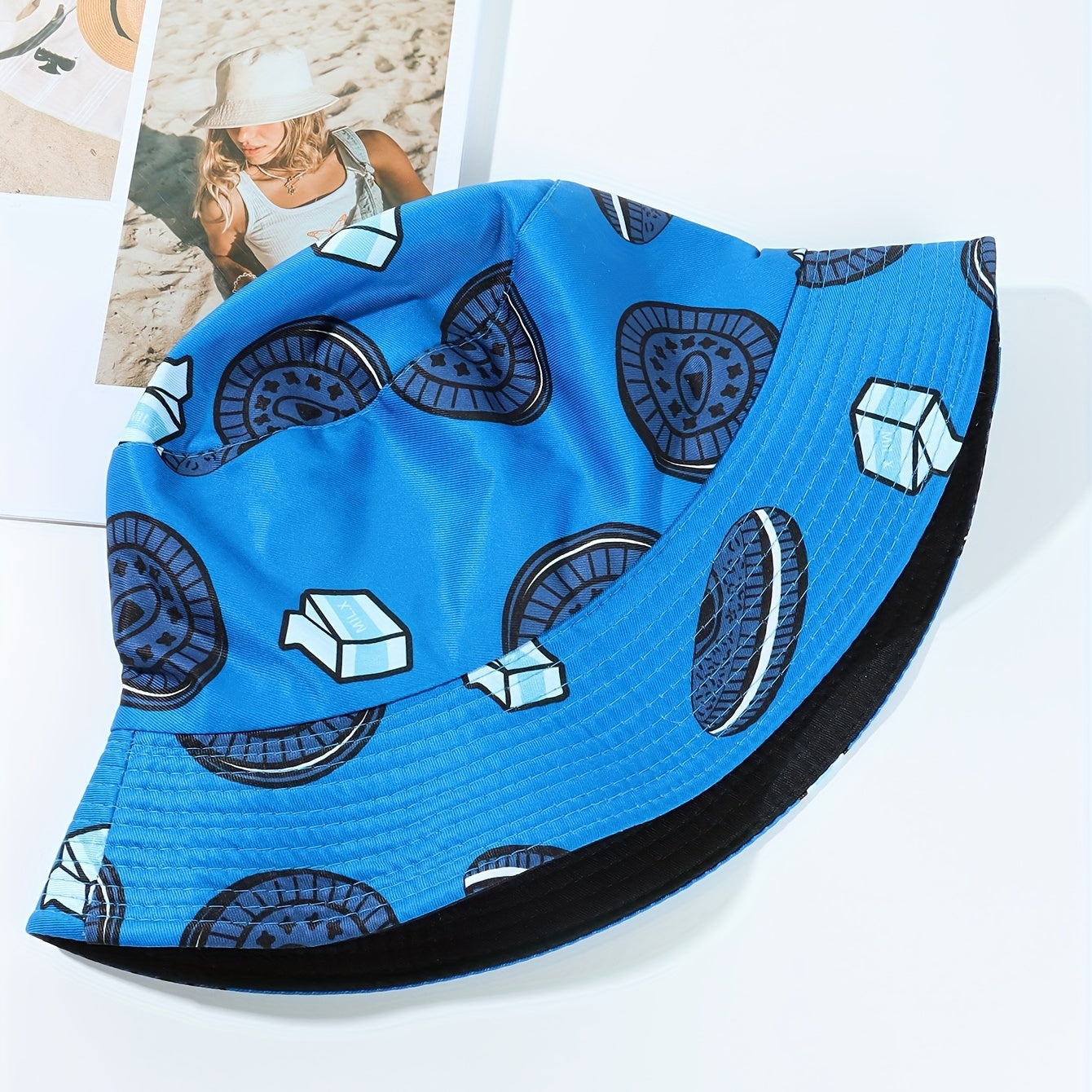 Reversible Biscuit Print Bucket Hat Casual Sun Hat Unisex Travel Beach Hats