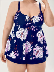  Boho Tankini Set Floral Print Lace Up Scoop Neck