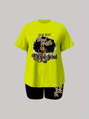  Slogan & Figure Print Short Sleeve Top & Shorts Set