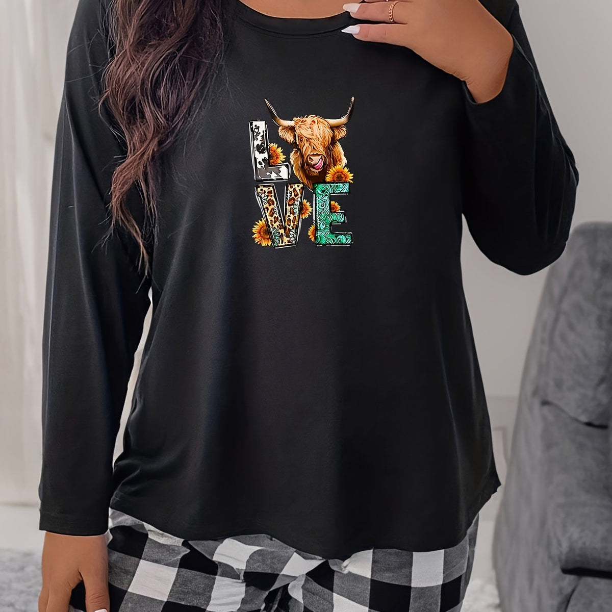  Western Pajama Top Women's Plus Sunflower Bull & Letter Print