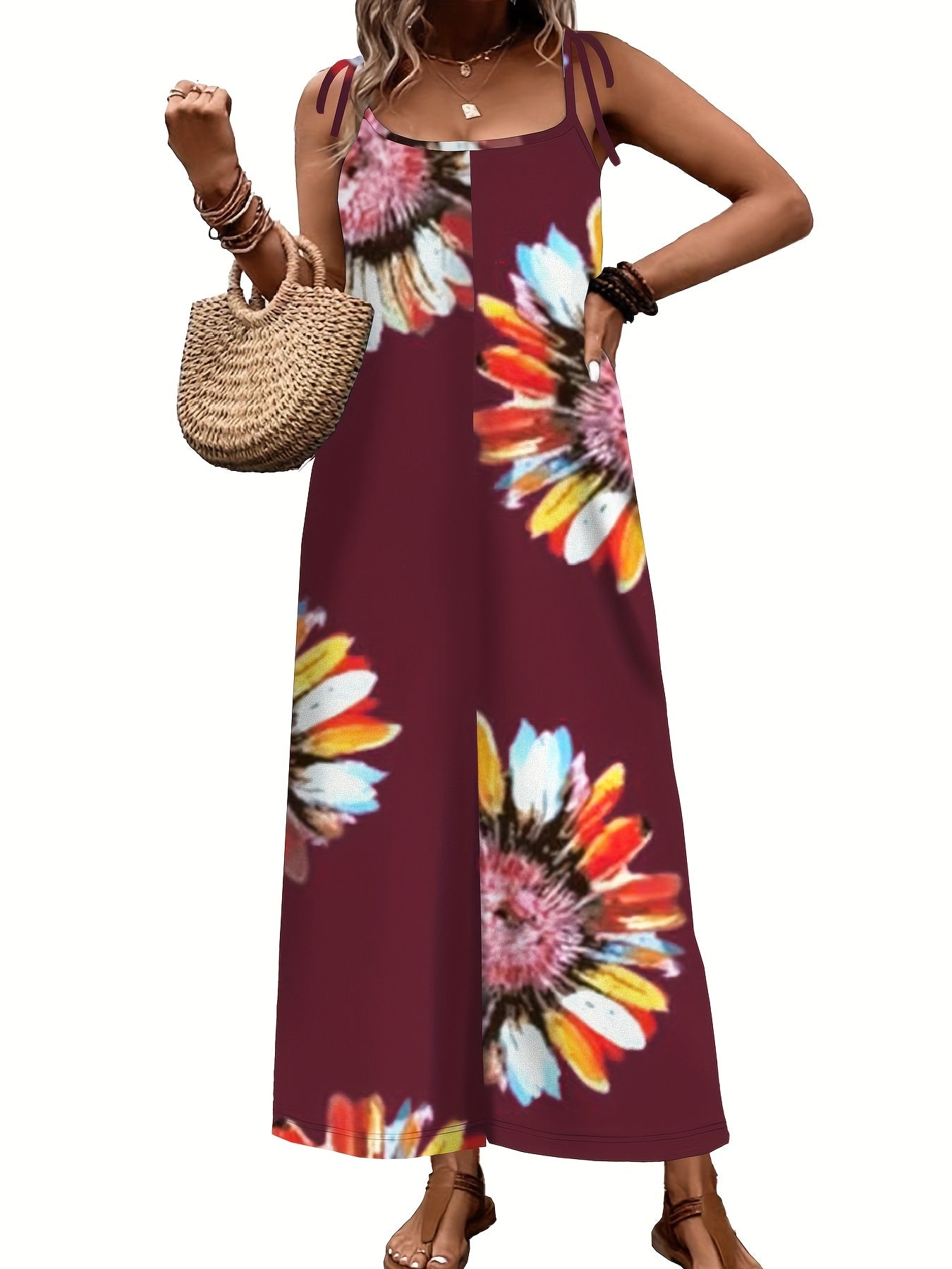  Boho Jumpsuit Tie Dye Floral Print Cami Overall