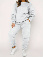 Plus Size Checkered Crew Neck Pullover & Joggers Set