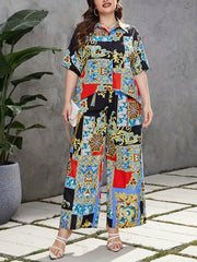  Colorblock Baroque Print Blouse & Wide Leg Pants Outfits 2 Piece Set