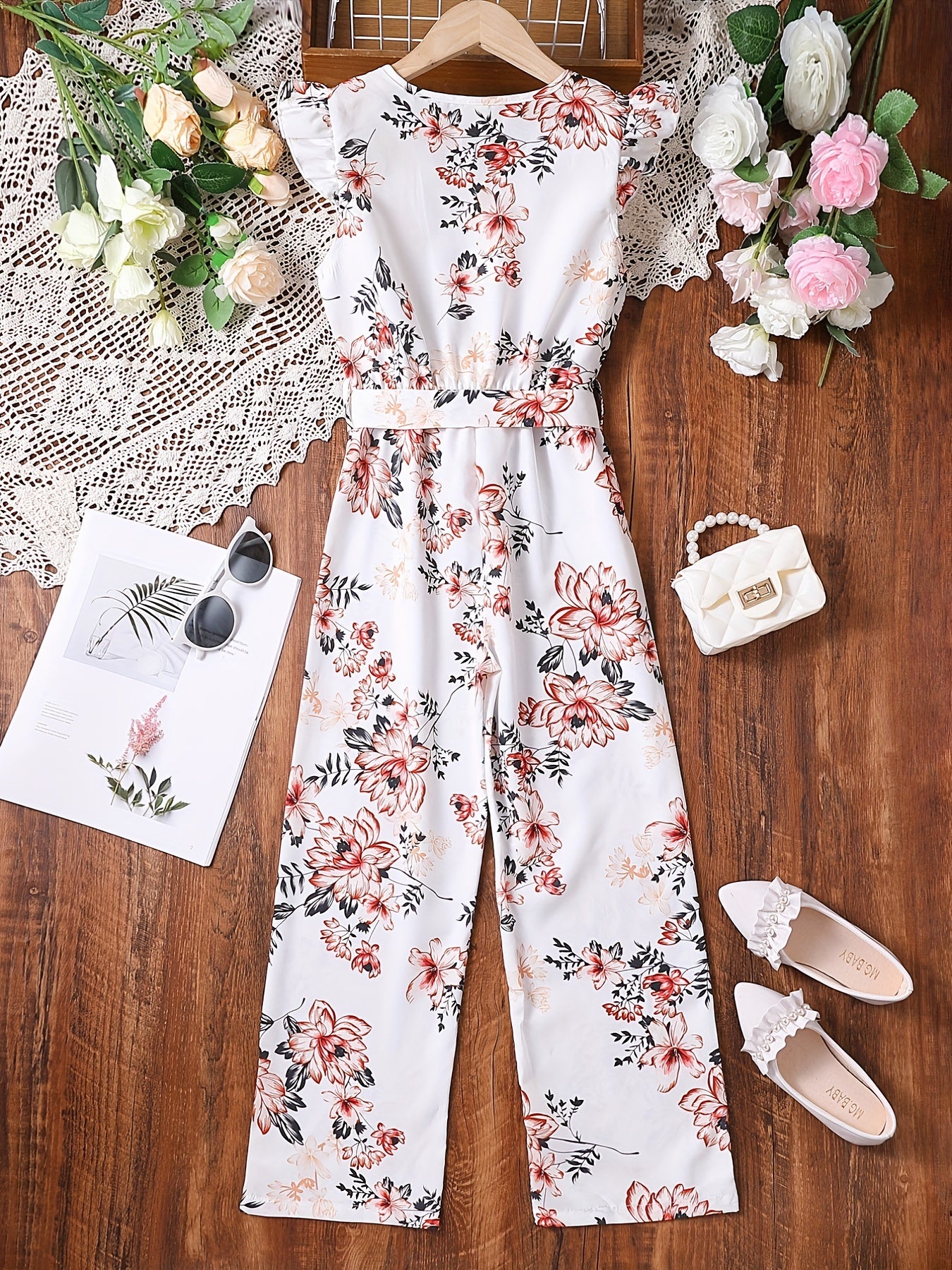 Girls Flutter Sleeve Button Jumpsuits Kids Summer Clothes
