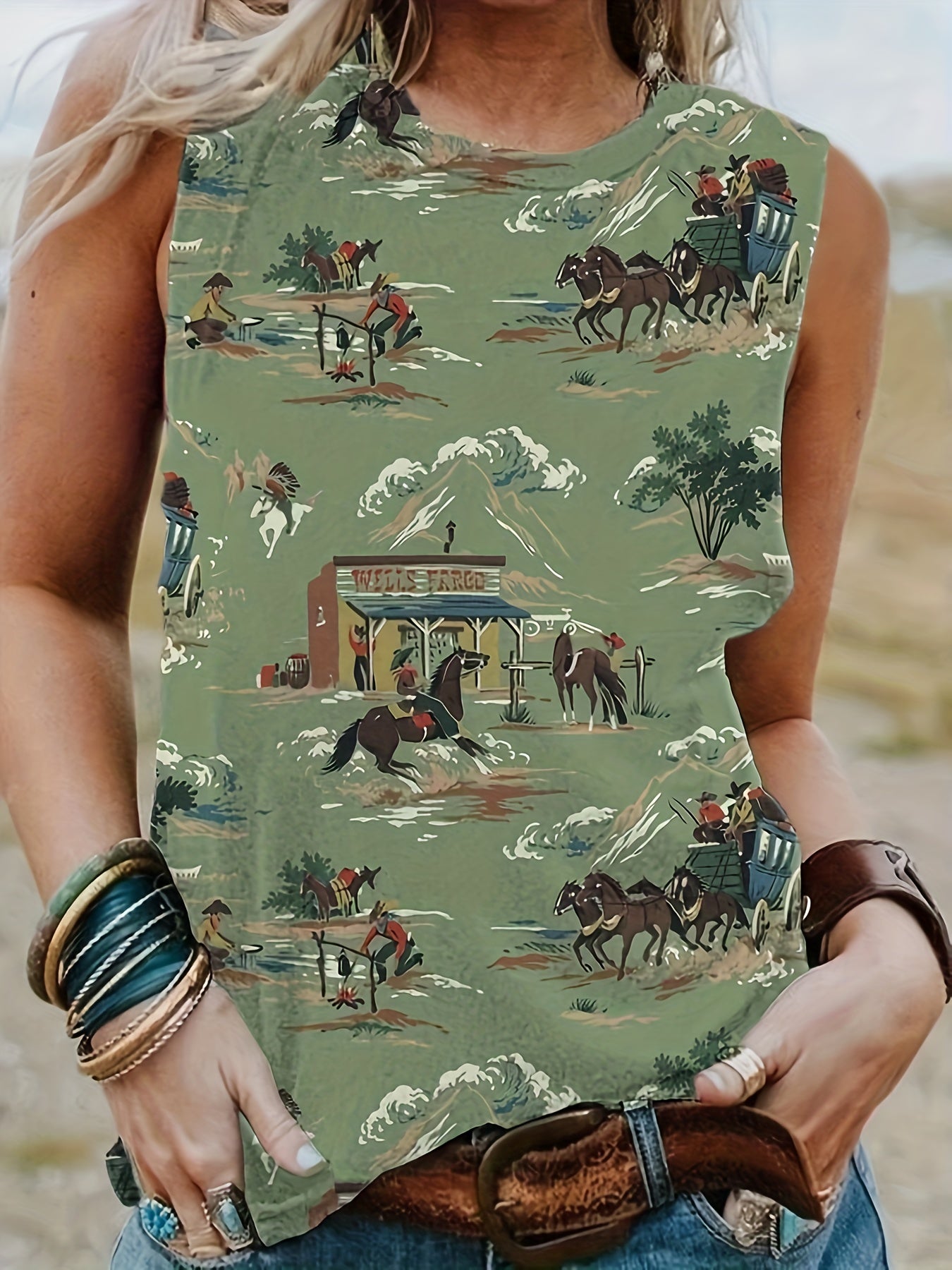 Western Style Cartoon Print Tank Top