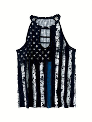  Stripe & Star Print Cut Out Round Neck Tank Top