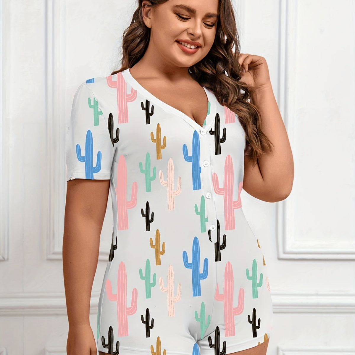 Cactus Print Loungewear Romper Short Sleeve V Neck Button Up
