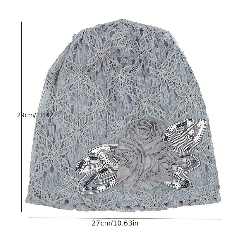 Flower Decor Lace Beanie Solid Turban Hat Lightweight Chemo Cap