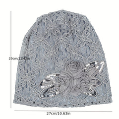 Flower Decor Lace Beanie Solid Turban Hat Lightweight Chemo Cap