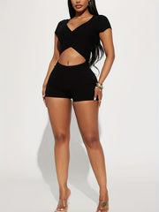 Surplice Neck Cut Out Romper Jumpsuit Sexy Short Sleeve