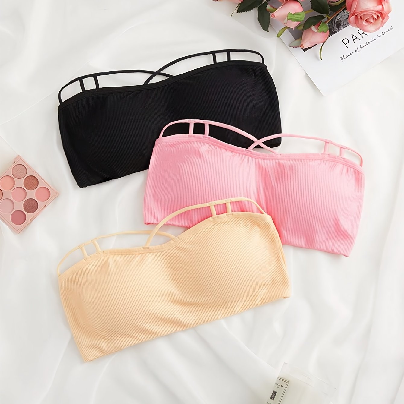 3pcs Strapless Bandeau Bras Comfy & Breathable Stretch Bra