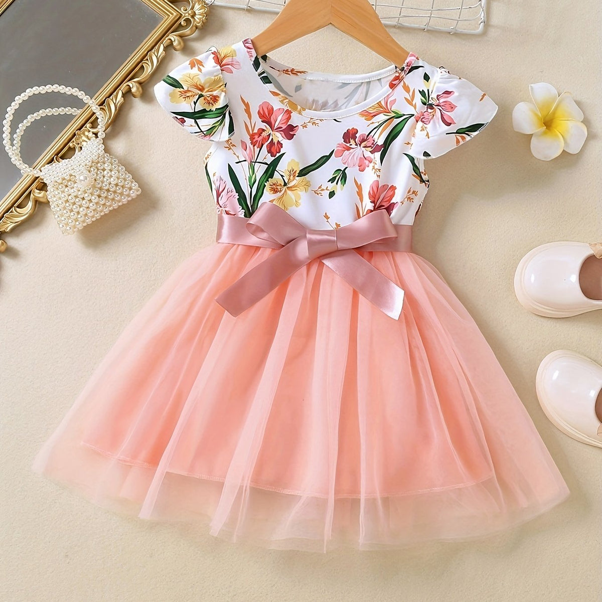 Girls Ruffled Sleeves Crew Neck Bow Floral Tulle Tutu Princess Dress