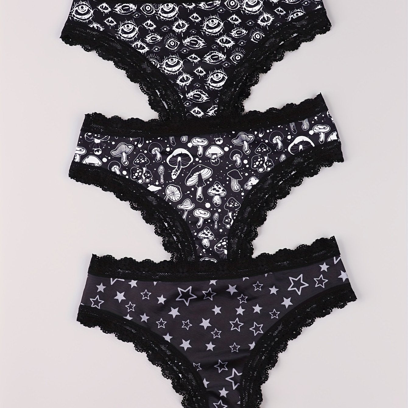  Eyeball & Mushroom Print Lace Trim Bikini Set