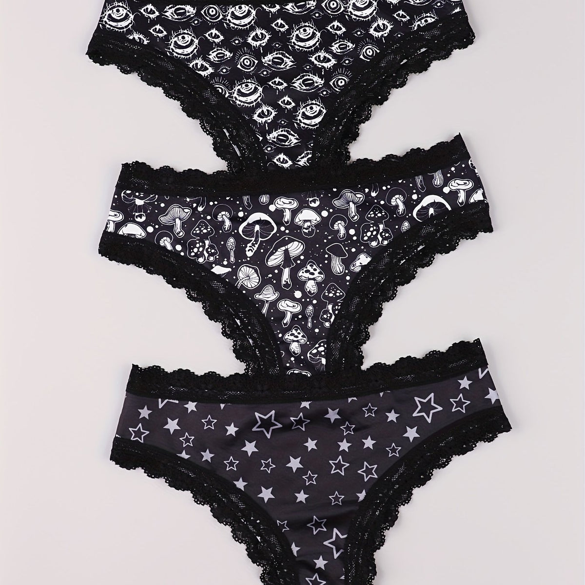  Eyeball & Mushroom Print Lace Trim Bikini Set