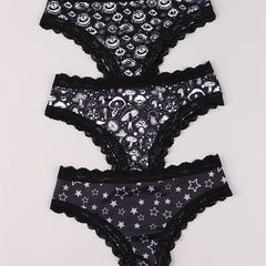  Eyeball & Mushroom Print Lace Trim Bikini Set