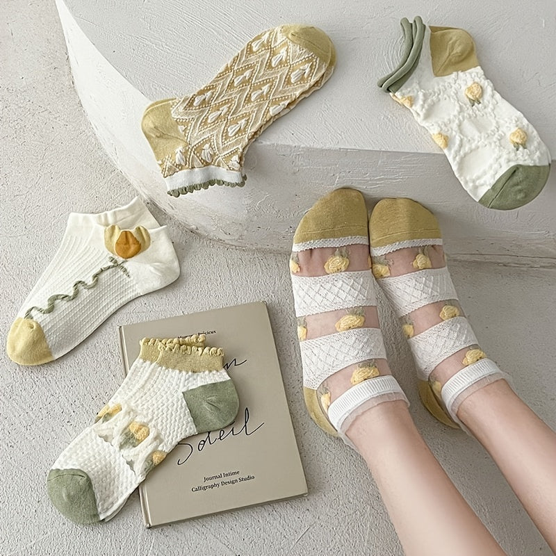 5 Pairs Floral Print Socks & Lightweight Low Cut Ankle Socks Women's Stockings