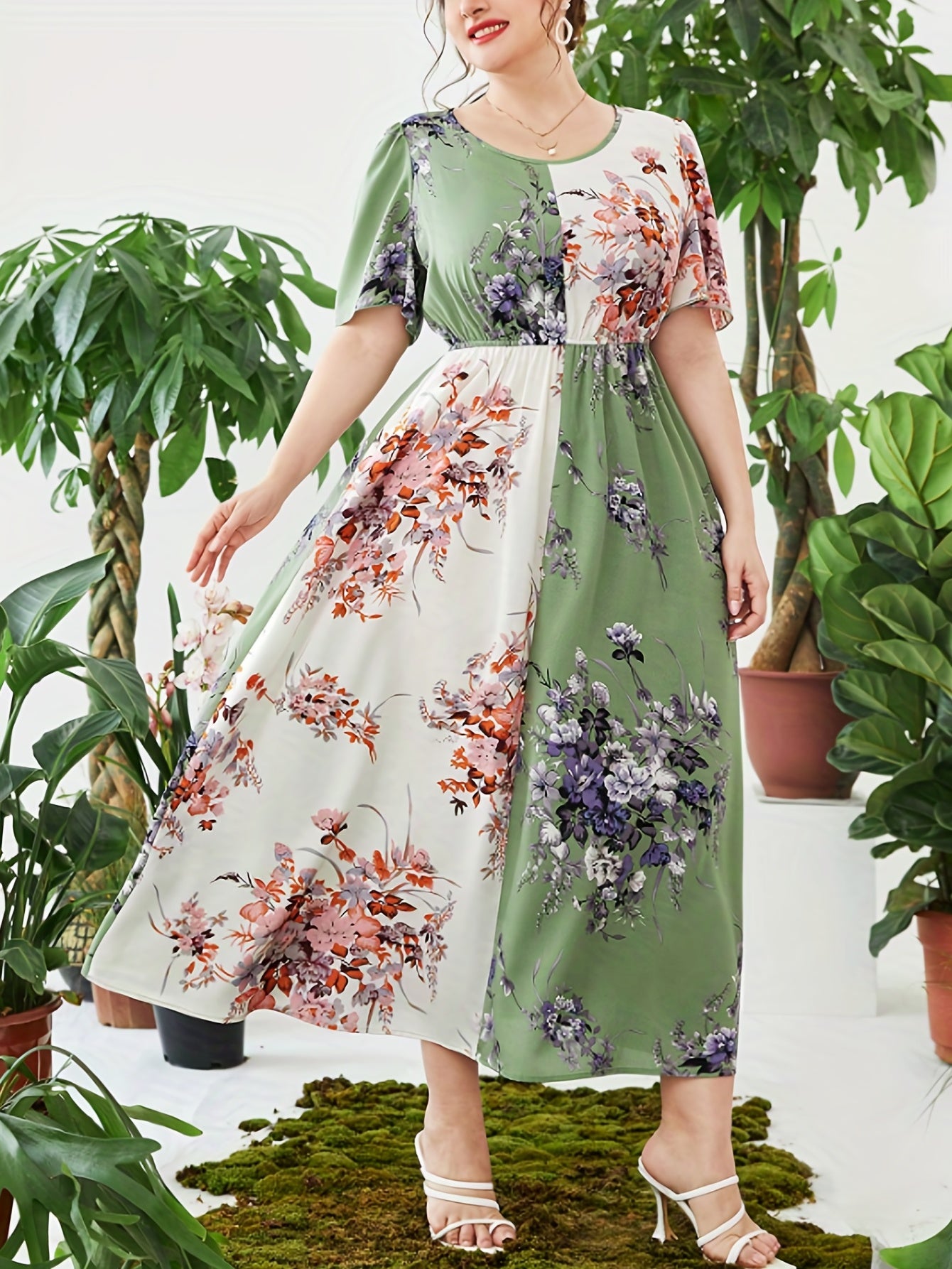  Boho Kaftan Dress Women's Plus Colorblock Floral Print Maxi Dress
