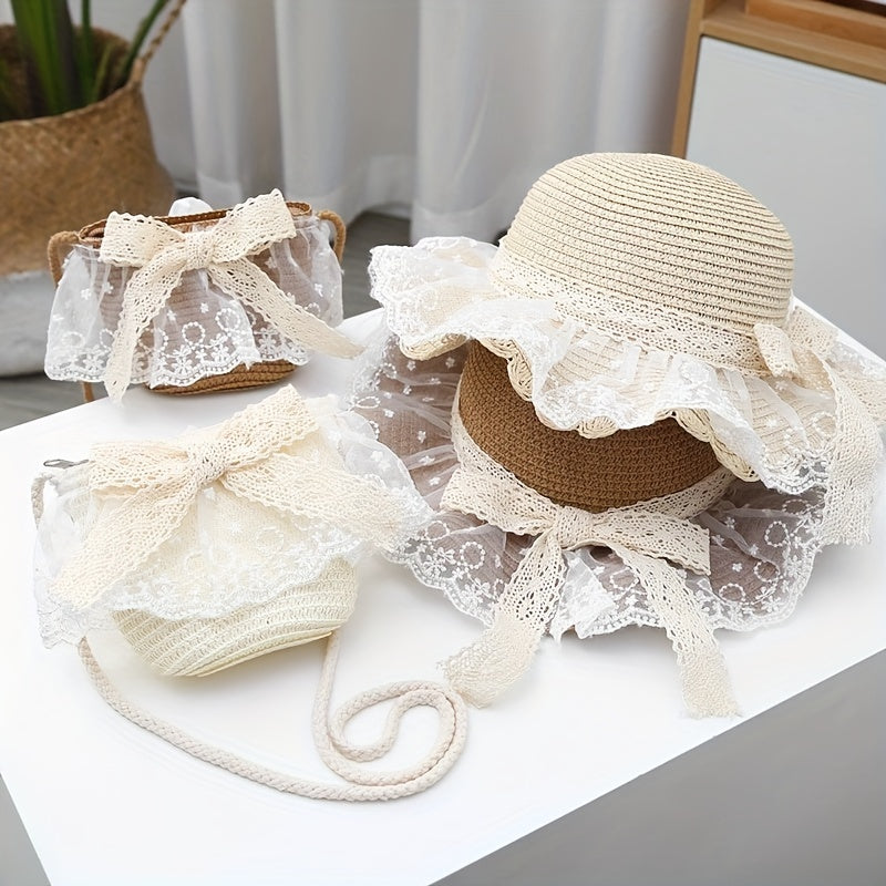 Kids Summer Straw Hat with Lace, Sunscreen Protection