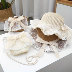Kids Summer Straw Hat with Lace, Sunscreen Protection