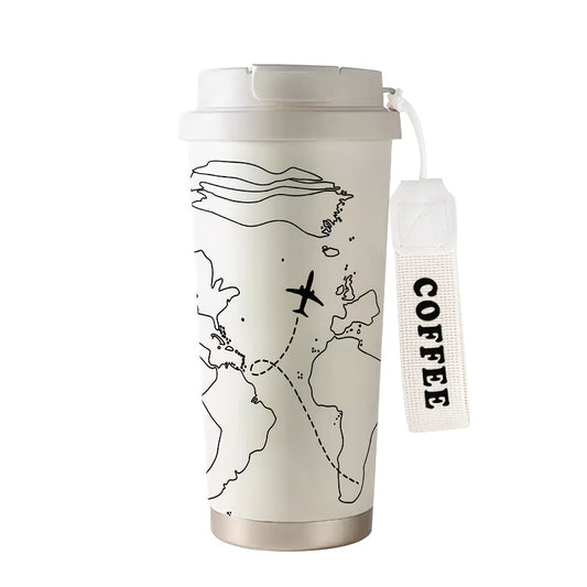Stainless Steel Coffee Tumbler Hand Painted Airplane Map Insulated