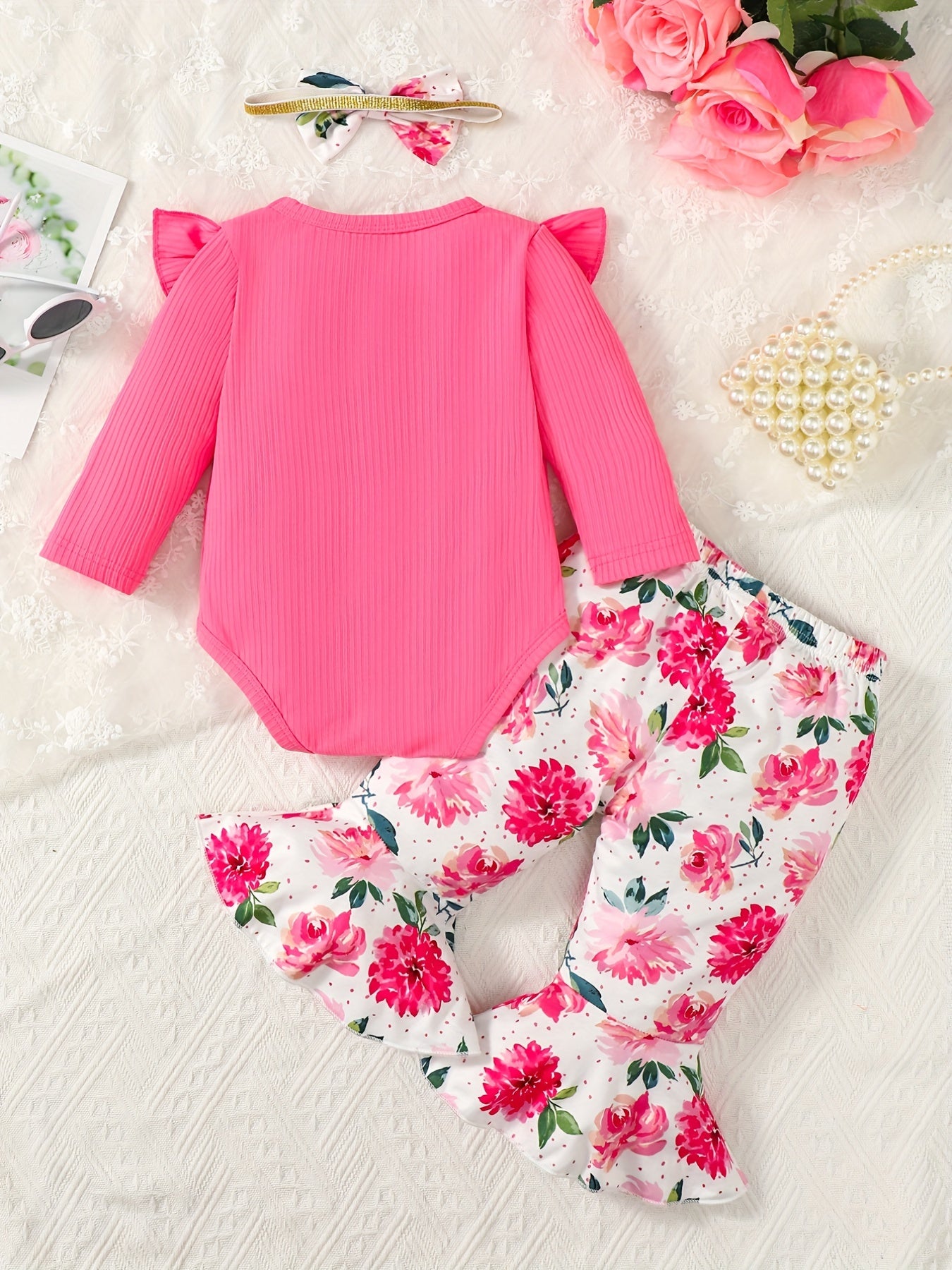 Toddler Girls Flying Sleeve Romper Floral Flared Trousers Set