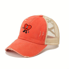 Heart Ripped Ponytail Baseball Cap Candy Washed Distressed Mesh Trucker Hat