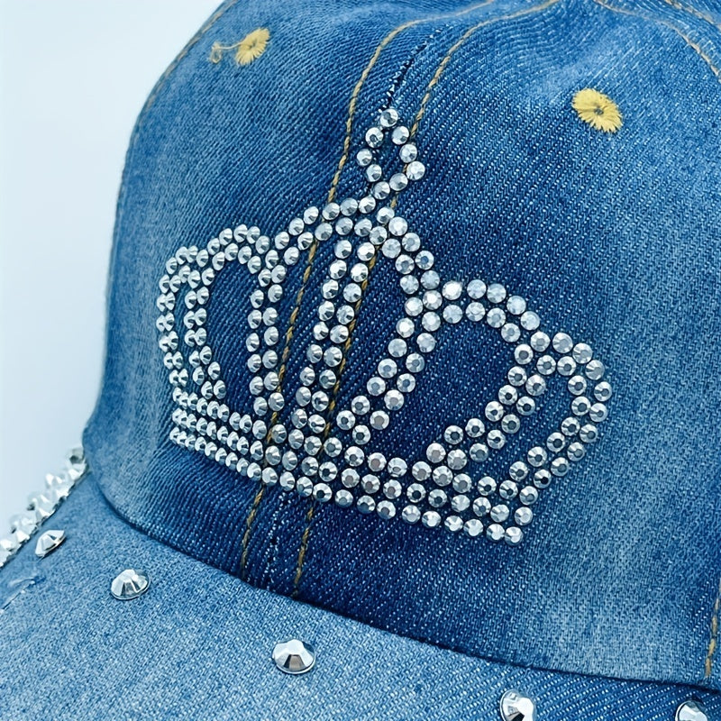 Rhinestone Crown Distressed Baseball Cap Casual Sun Hat