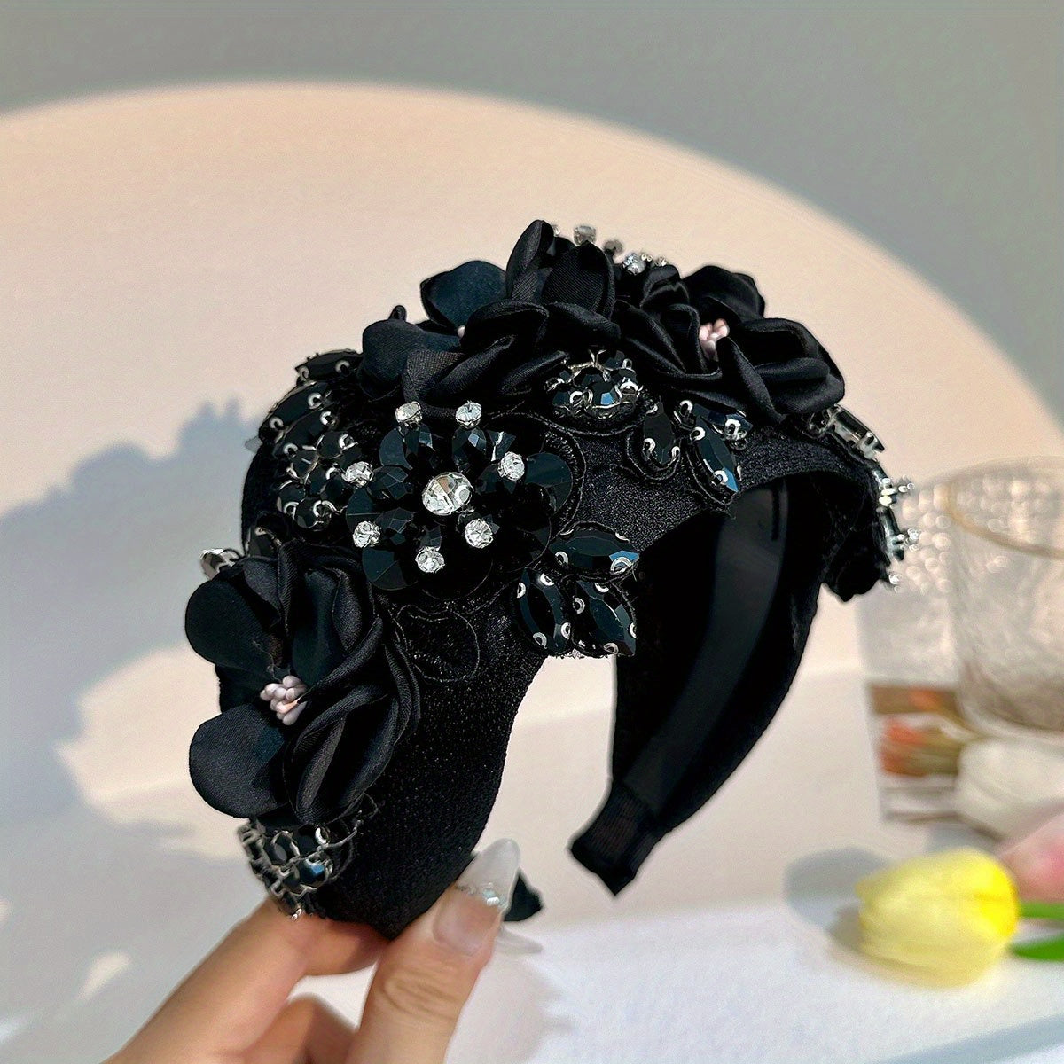 Crystal Mesh Flower Headband Wide Brim Hair Band