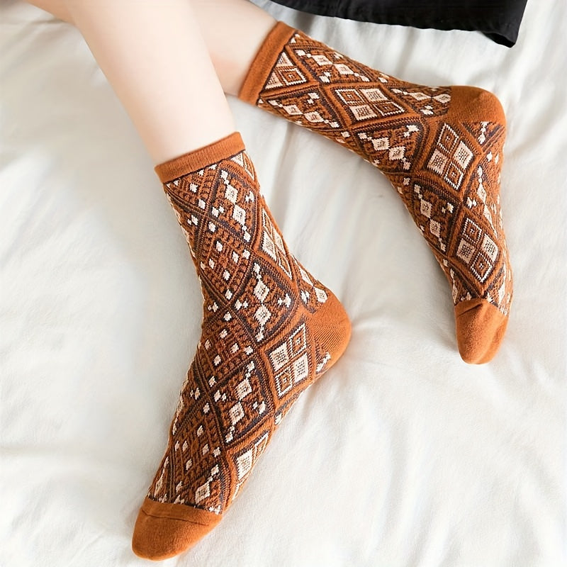 Geometric Pattern Mid Tube Socks Retro Style Women's Stockings