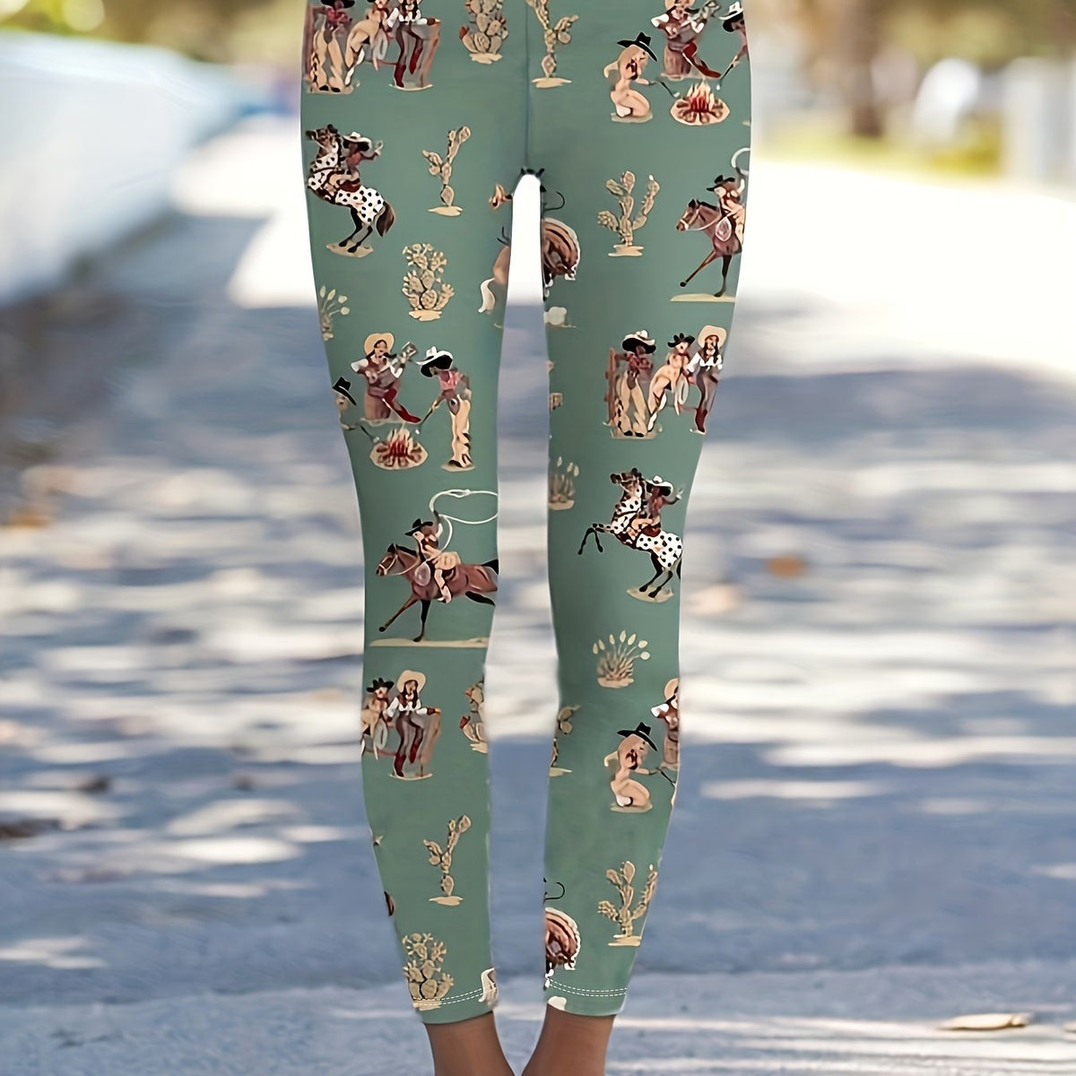 Cowboy Print High Rise Western Leggings For Women Plus Size