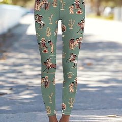 Cowboy Print High Rise Western Leggings For Women Plus Size