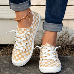 Women's Checkerboard Pattern Shoes Lace Up Comfy Canvas Shoes