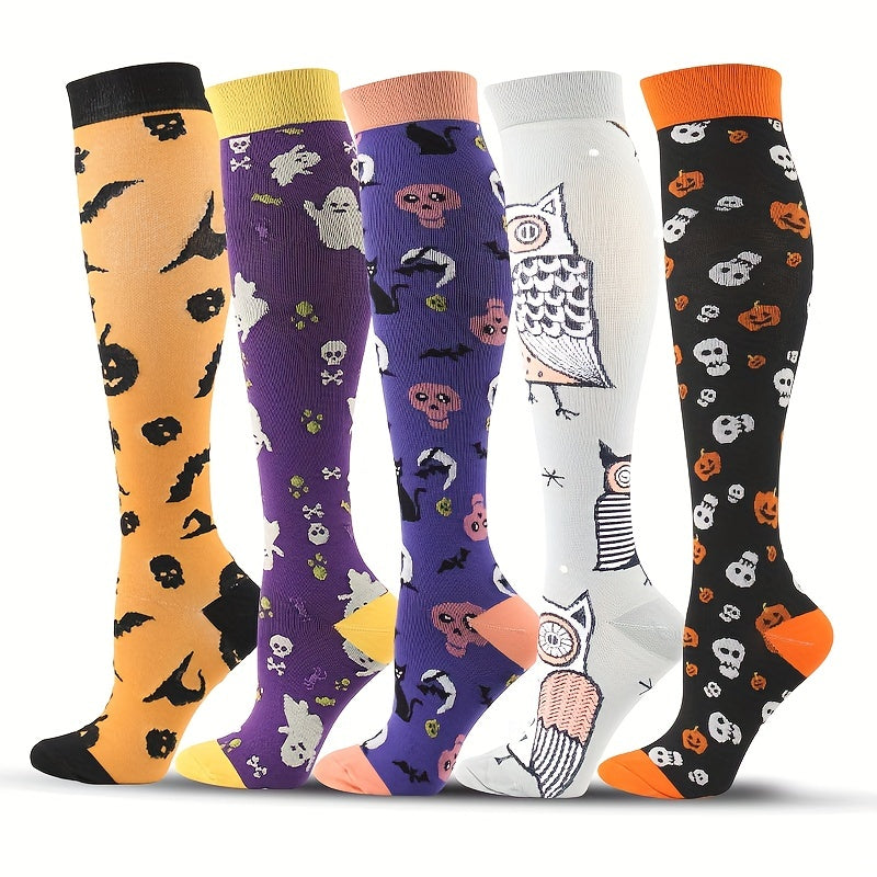 5 Pairs Halloween Compression Knee High Socks for Running & Training